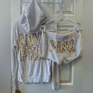 White terry cloth vs love pink set with gold detail